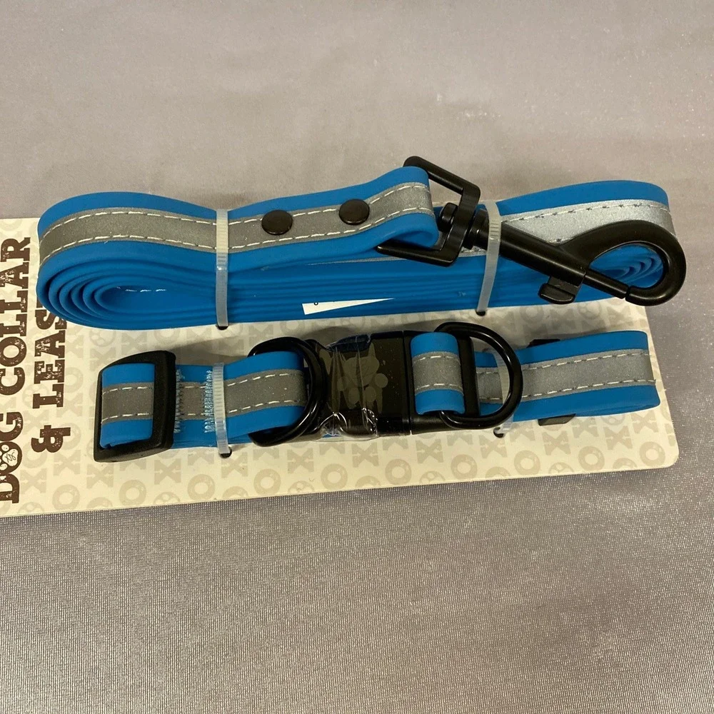 Trisha PET PVC Blue Waterproof REFLECTIVE Sz M DOG LEASH And COLLAR COMBO New